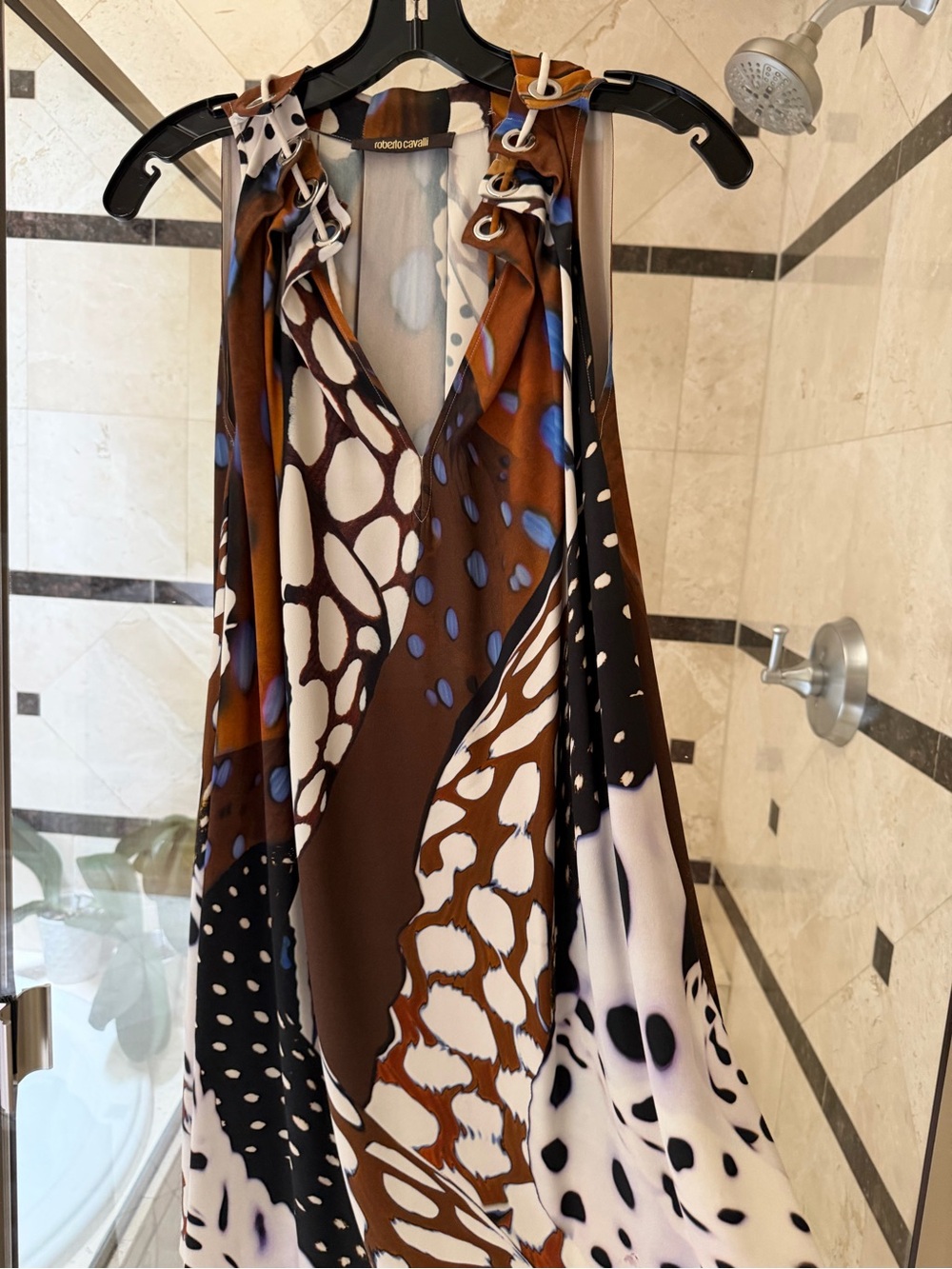 Roberto Cavalli Brown, White & Blue Abstract Print Dress